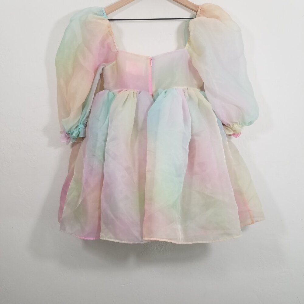 Selkie Rainbow Multicolor Puff Sleeve Mini Dress Square Neck Size S - Picture 6 of 9